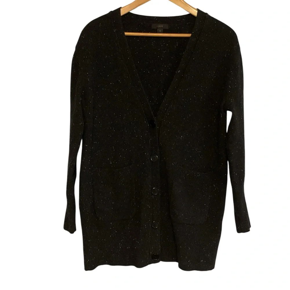 J. Crew Wool 100% Black Speckled Cardigan Sweater size XS oversized‎